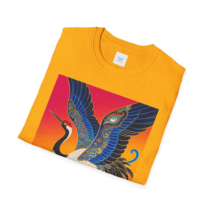 🪽🌅 The Celestial Crane Softstyle T-Shirt – Art Deco Wings Of Elegance