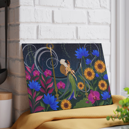 🌻🌙 The Midnight Sunflower Garden Glass Cutting Board – Art Deco Floral Fantasy