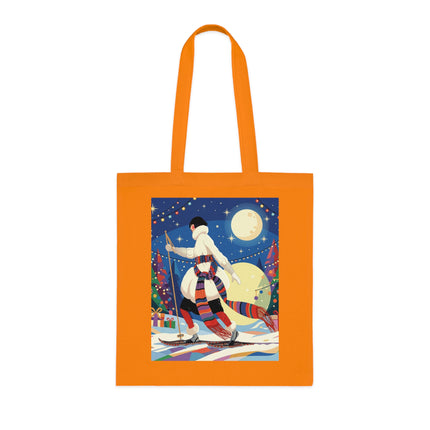 🎿🌙 The Moonlit Christmas Skier Cotton Tote Bag – Art Deco Holiday Adventure