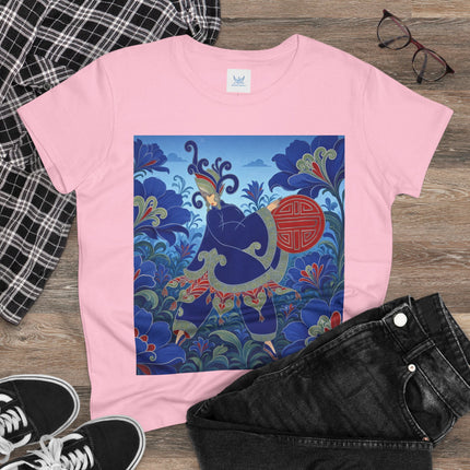 💙🌺 The Imperial Blue Garden Cotton Tee – Art Deco Oriental Elegance
