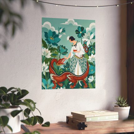 🐉🌿 The Lady Of The Enchanted Dragon Matte Vertical Poster – Art Deco Botanical Whimsy