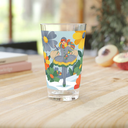 ❄️🌼 The Winter Flower Wanderer Pint Glass – Colorful Art Deco Snow Fantasy