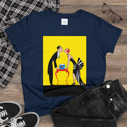 Moment of Elegance: A Passionate Embrace Amidst Golden Splendor Women's Midweight Cotton Tee