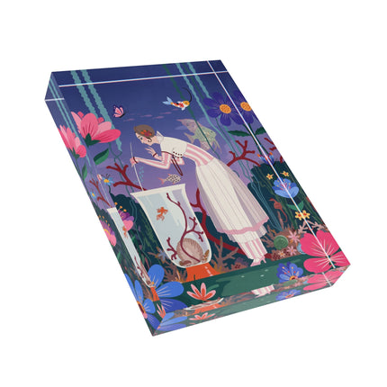 🐠🌸 The Lady Of The Enchanted Aquarium Acrylic Art Block – Art Deco Underwater Whimsy Description