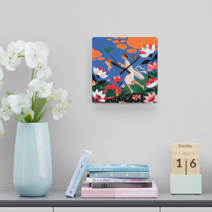 🌸🪽 The Lady Chasing Cupid Acrylic Wall Clock – Art Deco Garden Whimsy