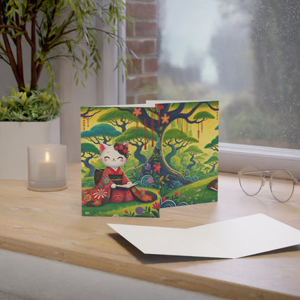 📖🌺 The Enchanted Garden Reader Kitten Greeting Card – Whimsical Japanese Garden