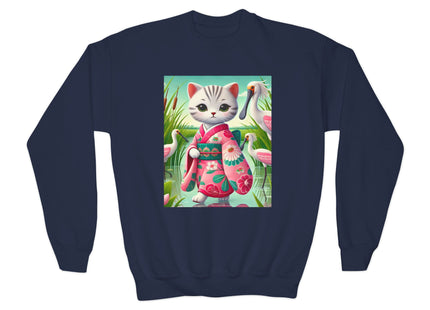 Geisha Kitten Strolls Among the Spoonbills Youth Crewneck Sweatshirt