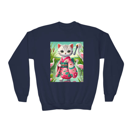 Geisha Kitten Strolls Among the Spoonbills Youth Crewneck Sweatshirt – Grace, Nature & Whimsical Elegance