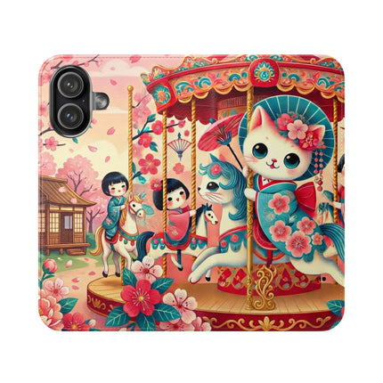 🎠🌸 Geisha Kitten's Enchanted Carousel Flip Case – Whimsical Dreams & Cherry Blossom Magic