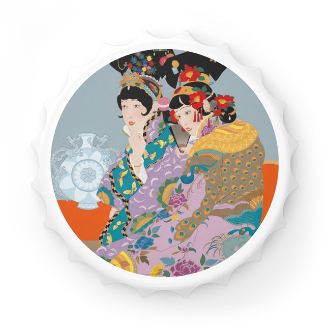 Two Geishas in Peacock Kimonos Bottle Opener – Timeless Elegance & Sisterly Grace