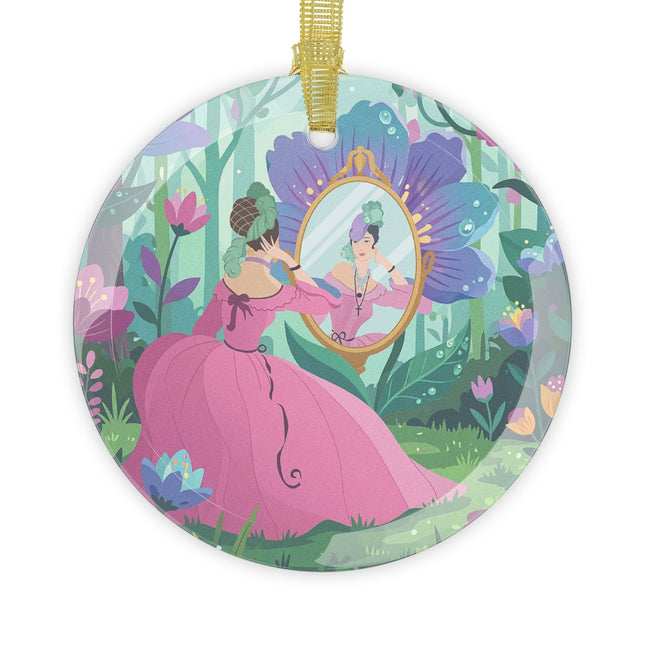 🪞🌸 The Lady Of The Enchanted Mirror Glass Ornament – Art Deco Botanical Elegance
