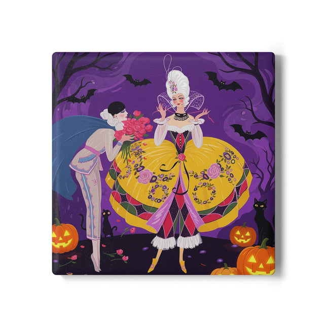 🎭🌹 The Harlequin Rose Masquerade Ceramic Coaster – Theatrical Halloween Romance