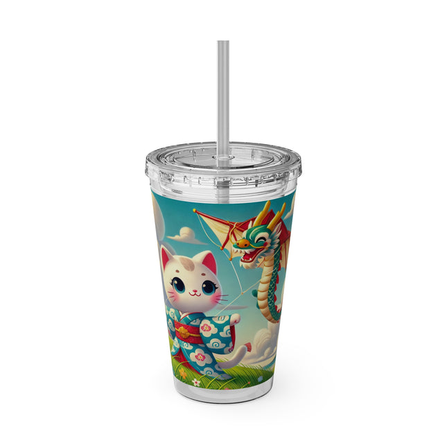 Geisha Kitten and the Dragon Kite Sunsplash Tumbler with Straw, 16oz