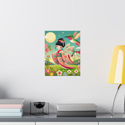 🧚🌺 Geisha Fairy and the Hummingbird Blossom Matte Vertical Poster – Grace, Wonder & Floral Magic