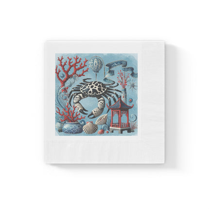 Spotted Crab & Pagoda White Coined Napkins – Mystical Ocean & Asian Harmony