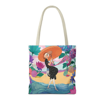 ☂️🌺 The Lady Of The Seaside Parasol Tote Bag – Art Deco Floral Fashion
