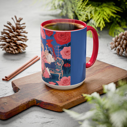 The Lady And The Scarlet Macaw Colorful Mugs – Art Deco Floral Elegance