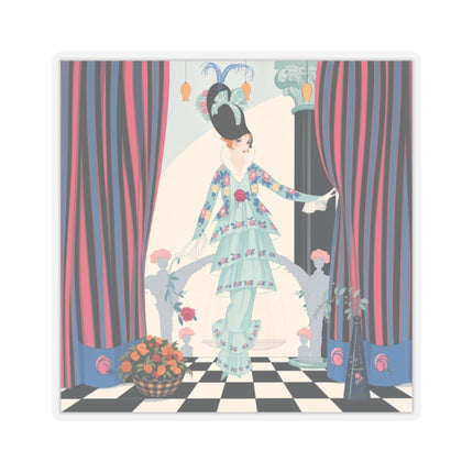 🌹🎭 The Lady Between The Curtains Kiss-Cut Stickers – Art Deco Floral Theatre