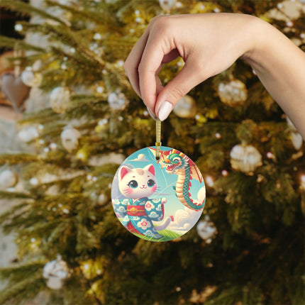 Geisha Kitten and the Dragon Kite Glass Ornament