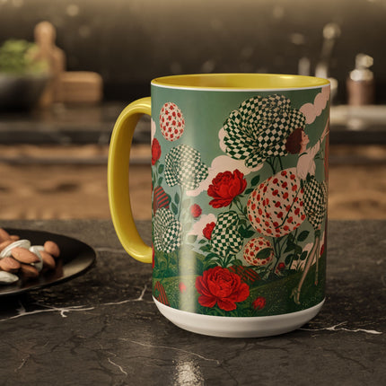 🌹💚 The Scarlet Rose Checkerboard Garden Colorful Mug – Art Deco Floral Whimsy