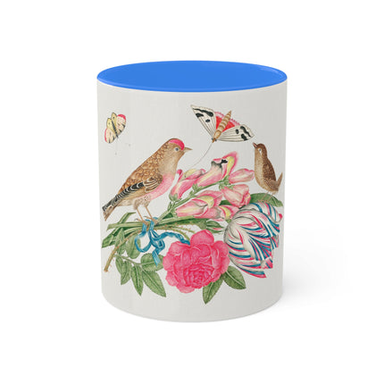 Pair of Brown Birds on Bouquet with Tulip, Rose, Snapdragons, and Butterflies by Anonymous Colorful Mugs, 11oz