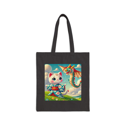 Geisha Kitten and the Dragon Kite Cotton Canvas Tote Bag