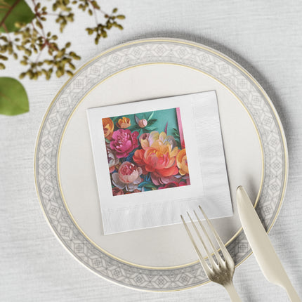 Peonies in Full Bloom White Coined Napkins