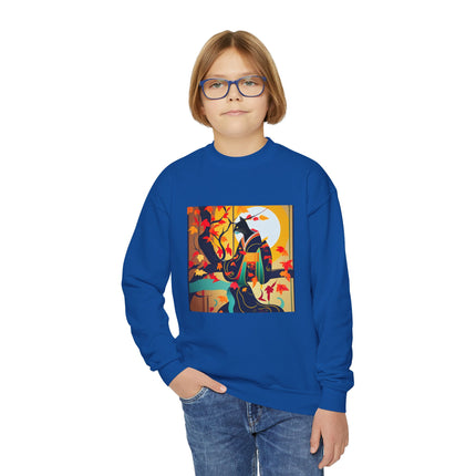 Black Cat in Kimono Youth Crewneck Sweatshirt