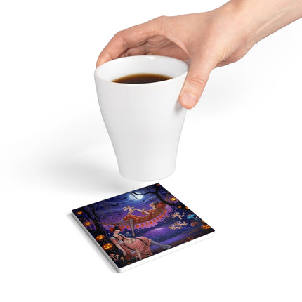 🌙🎃 Moonlit Mischief In The Pumpkin Grove Ceramic Coaster – Whimsical Halloween Fantasy