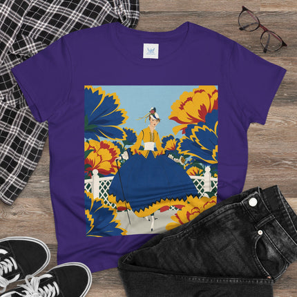💙🌼 The Golden Petal Promenade Cotton Tee – Art Deco Floral Elegance
