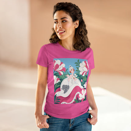 🌸🐘 The Pink Blossom Companion Cotton Tee – Art Deco Floral Whimsy