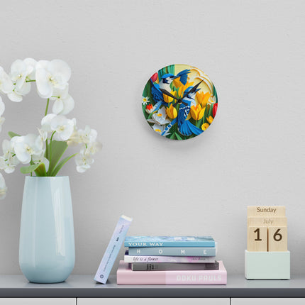 Blue Jays in a Spring Garden Acrylic Wall Clock, Round and Square