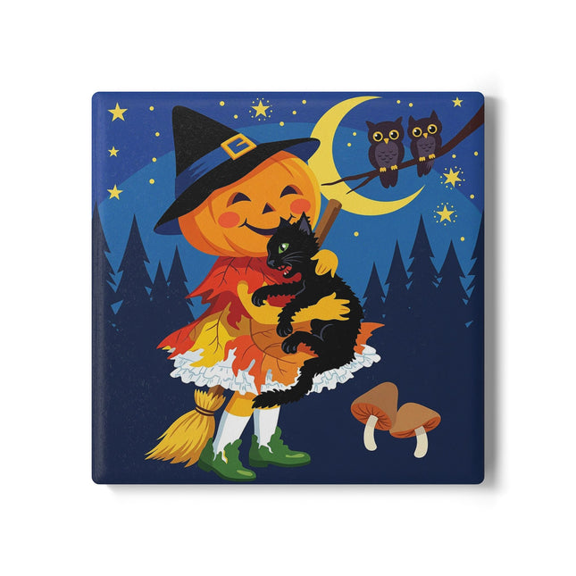 🎃🐈‍⬛ The Little Pumpkin Witch And Her Black Cat Ceramic Coaster – Whimsical Halloween Charm