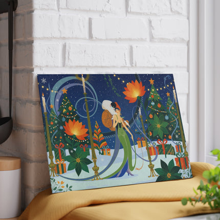 🪷🎄 The Lady Of The Christmas Lotus Garden Glass Cutting Board – Art Deco Holiday Fantasy