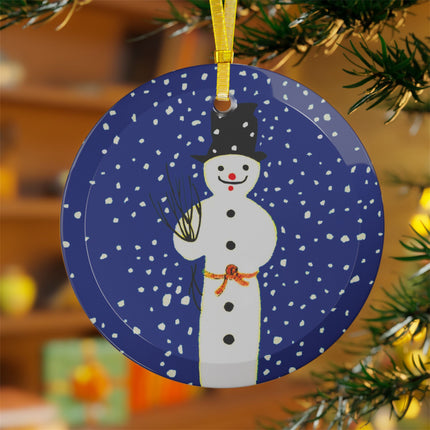 Snowman in Falling Snow Glass Ornament