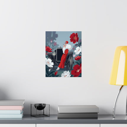 ❤️🚘 The Lady Of The Red Roadster Matte Vertical Poster – Art Deco Motoring Elegance