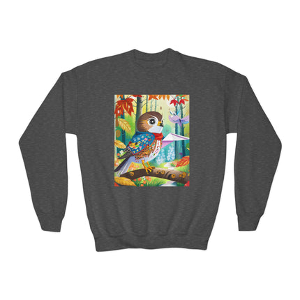 Baby Hawk Plays in Forest Youth Crewneck Sweatshirt – Woodland Wonder & Playful Discovery