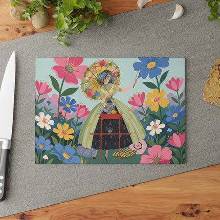 🌸🪞 The Lady Of The Flower Parasol Glass Cutting Board – Art Deco Garden Fantasy