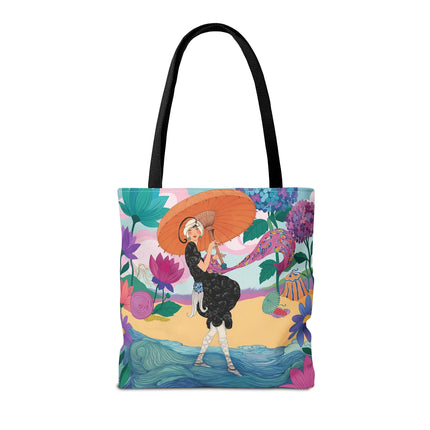 ☂️🌺 The Lady Of The Seaside Parasol Tote Bag – Art Deco Floral Fashion