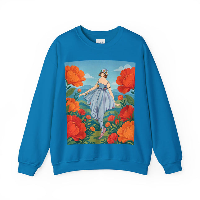 🌺🩵 The Poppy Hill Promenade Crewneck Sweatshirt – Art Deco Fashion Whimsy