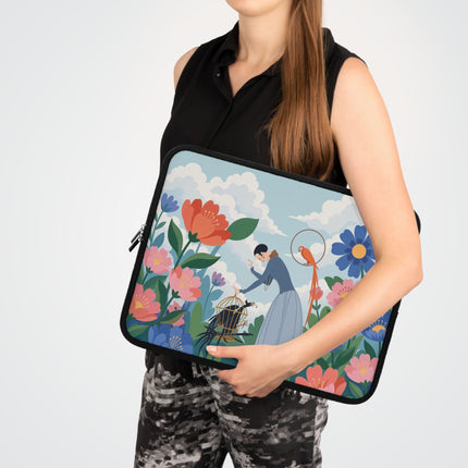 🌺🦜 The Lady Of The Garden Aviary Laptop Sleeve – Art Deco Floral Whimsy