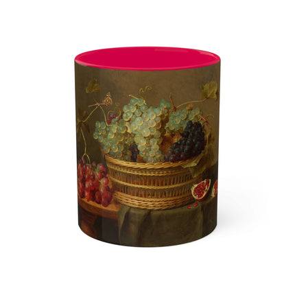 Basket of Grapes and a Pomegranate on a Table by Jacob van Hulsdonck Colorful Mugs, 11oz
