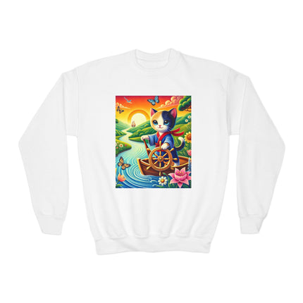 Sailor Kitten’s River Adventure Youth Crewneck Sweatshirt – Exploration, Joy & Storybook Adventure