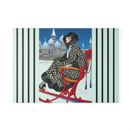 Elegant Winter Woman in Sleigh Glass Cutting Board
