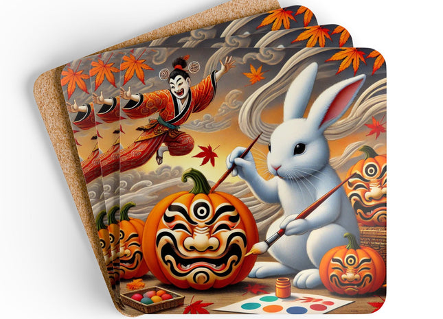 Halloween Rabbit’s Kabuki Jack-o’-Lanterns Corkwood Coaster Set