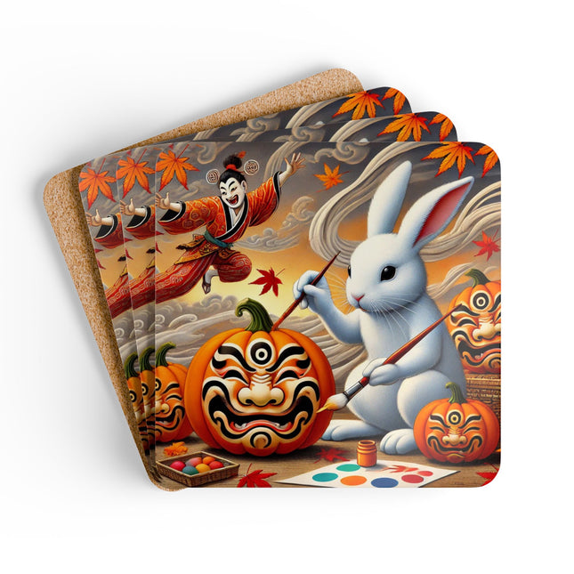 Halloween Rabbit’s Kabuki Jack-o’-Lanterns Corkwood Coaster Set