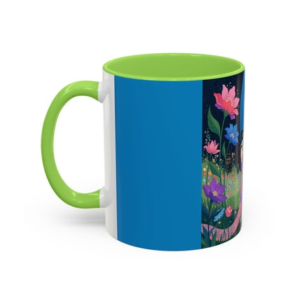 The Lady And The Moonlit Peak Colorful Mugs – Art Deco Alpine Garden Elegance