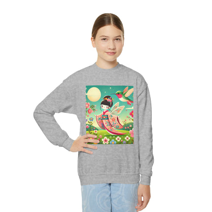 Geisha Fairy and the Hummingbird Blossom Youth Crewneck Sweatshirt – Magic, Grace & Dreamlike Beauty