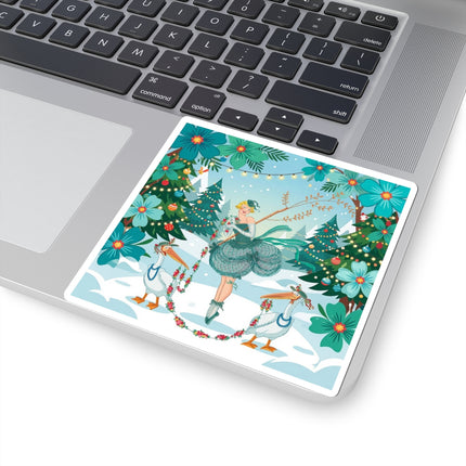 🦩🎄 The Lady Of The Christmas Garland Birds Kiss-Cut Sticker – Whimsical Art Deco Holiday Fantasy