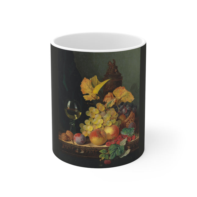 A Roemer, Grapes, Peaches, Plums, Raspberries, and Walnut by Edward Ladell Ceramic Mug 11oz